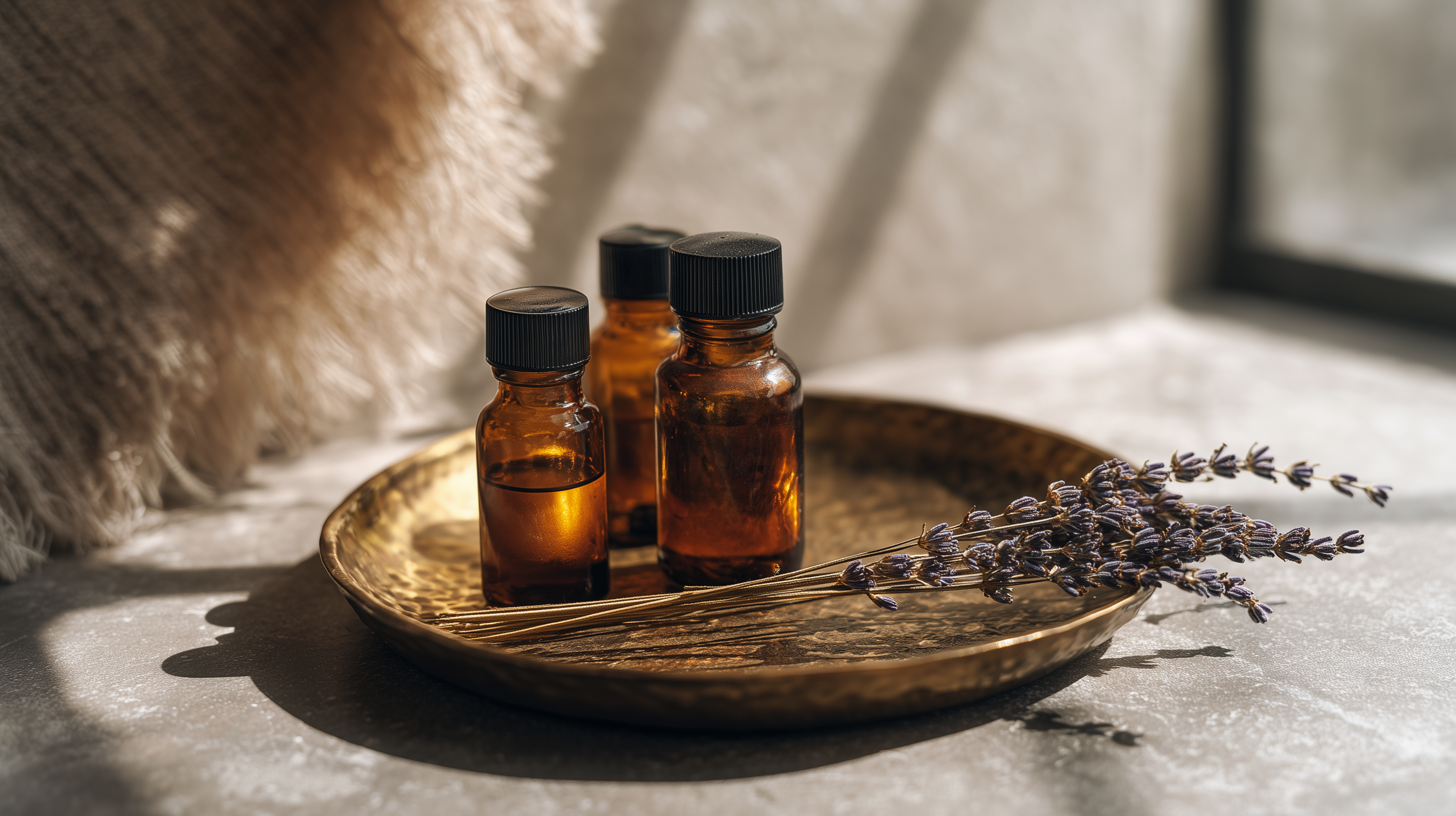 Amber glass essential oil bottles and dried lavender sprigs on a hammered brass tray in warm sunlight