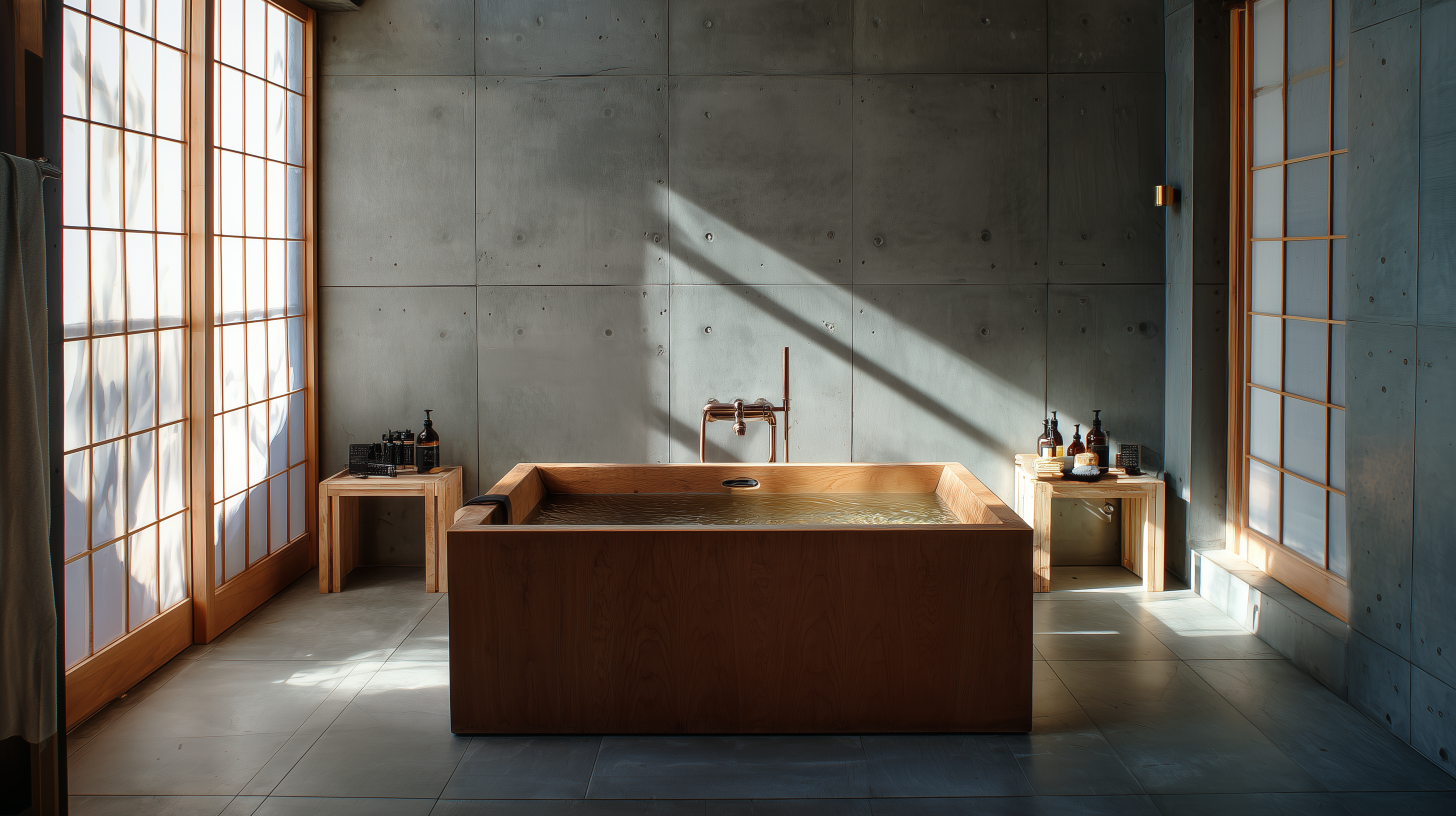 Wooden cold plunge tub in a minimalist concrete room with Japanese shoji screens and natural sunlight