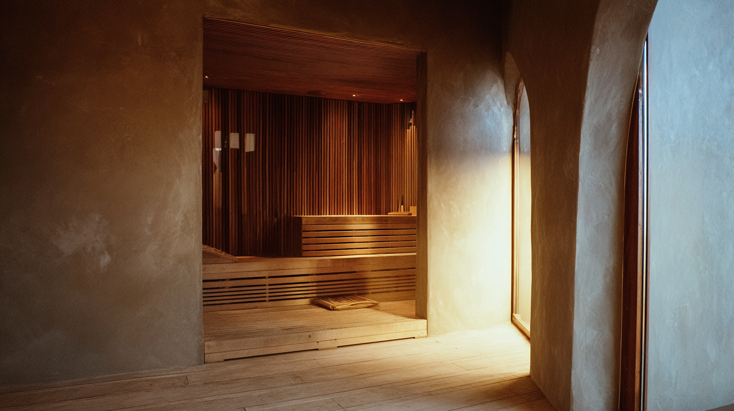 Infrared sauna cabin with warm cedar wood interior and soft amber lighting viewed through a stucco archway