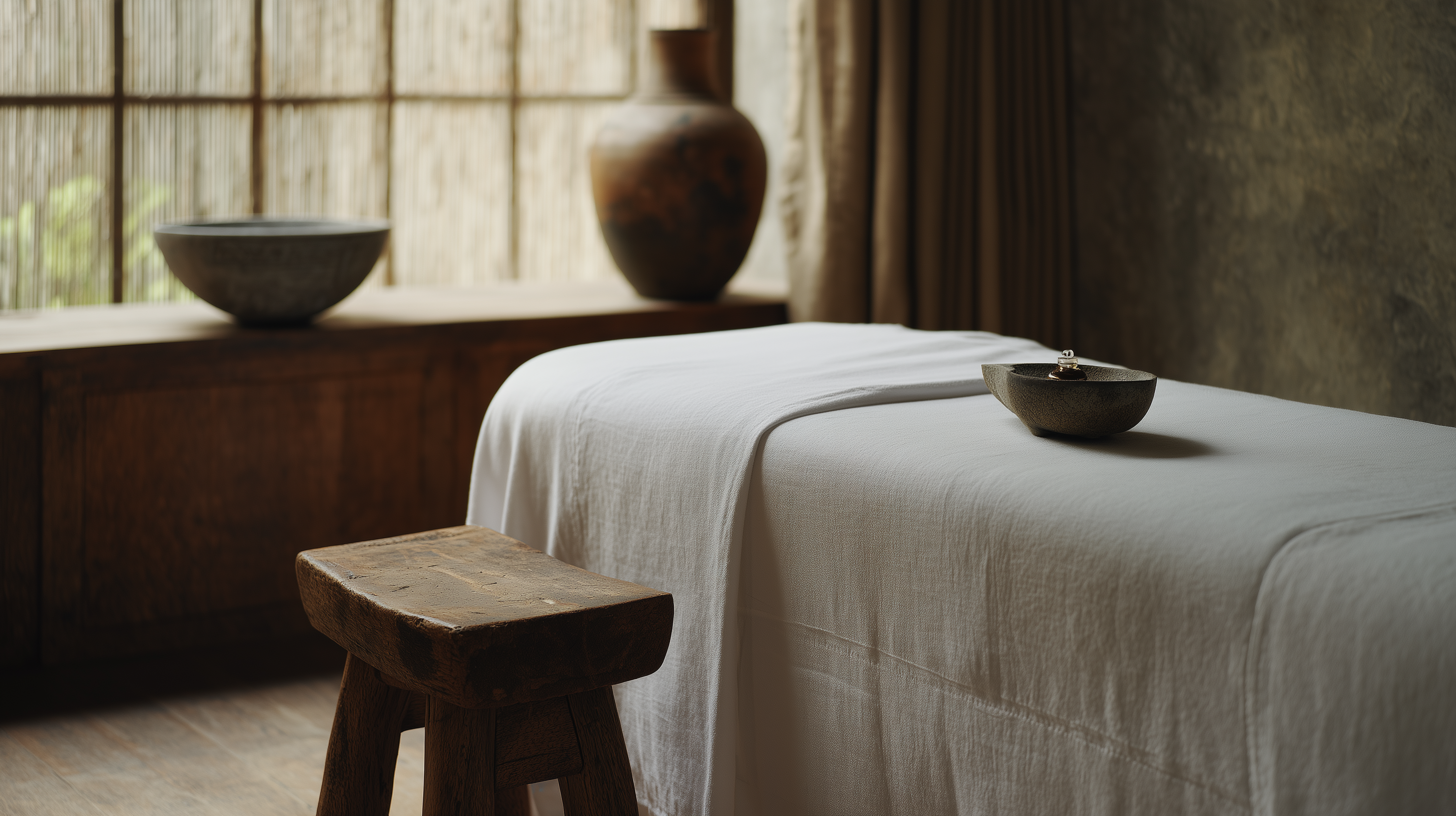Spa massage table with white linen, a wooden stool, and a ceramic singing bowl in a softly lit treatment room