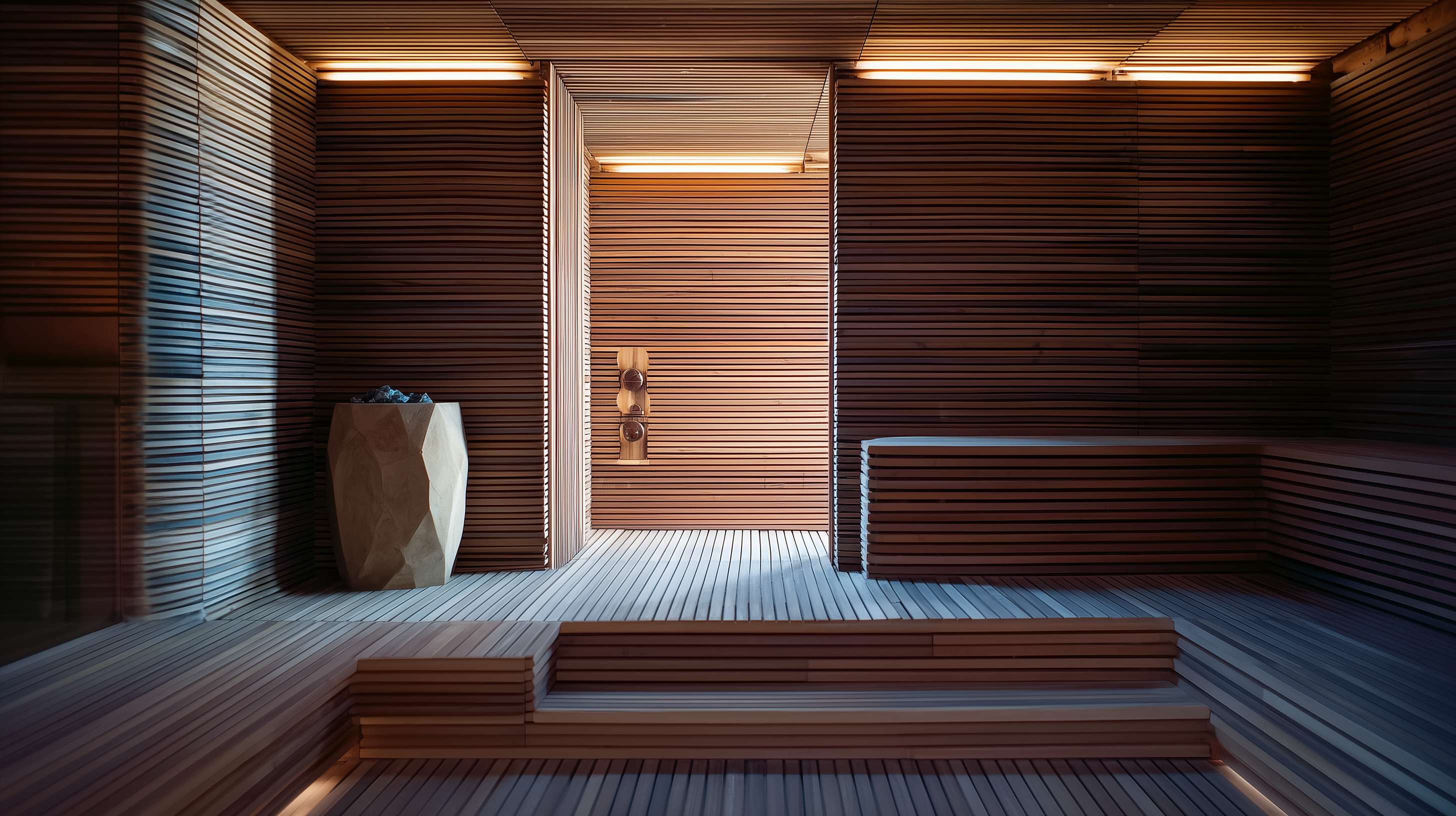 Modern Finnish sauna interior with slatted cedar walls, tiered wooden benches, and a geometric stone heater