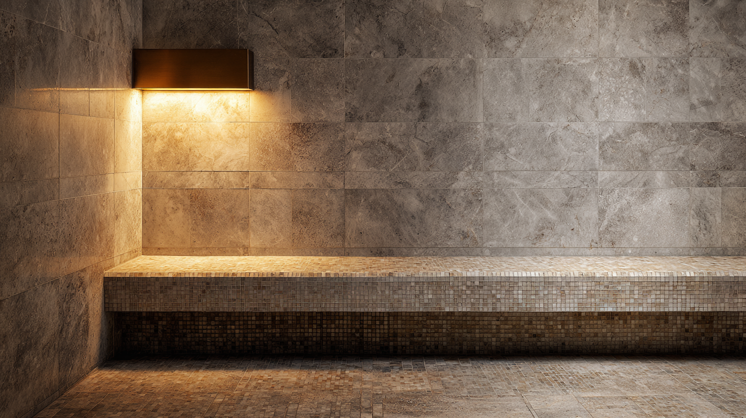 Stone-walled steam room with a mosaic tile bench and warm wall sconce casting soft amber light